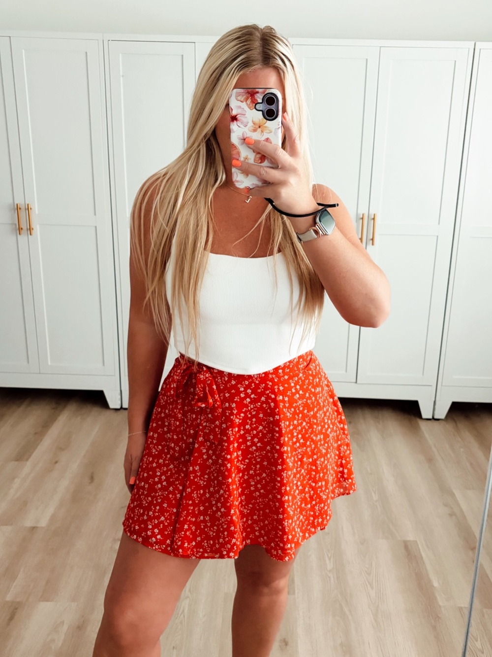 Red and white floral wrap around high waisted mini skirt